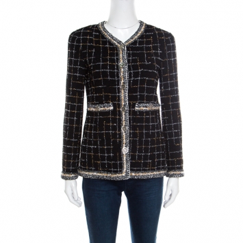 Pre Owned Chanel Black Checkered Metallic Tweed Boucle Jacket S