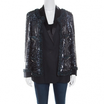 Pre Owned Chanel Sequin Embellished Double Layer Tuxedo Jacket L