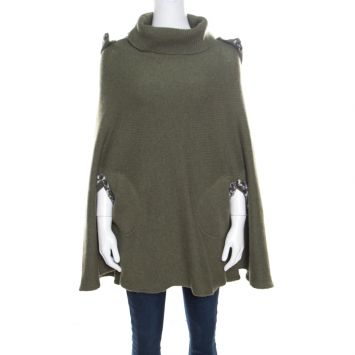 Pre Owned Chanel Olive Green Cashmere Contrast Trim Detail Hooded Poncho M