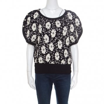 Pre Owned Chanel Monochrome Floral Jacquard Knit Ribbed Trim Short Sleeve Top M