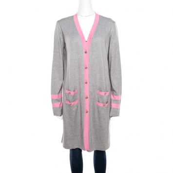 Pre Owned Chanel Grey Cotton and Cashmere Knit Contrast Trim Long Cardigan L