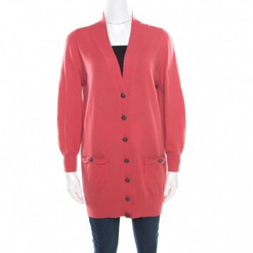 Pre Owned Chanel Hot Coral Cashmere Button Front Cardigan M