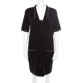 Pre Owned Chanel Black Textured Knit Faux Pearl Studded Short Sleeve Dress M