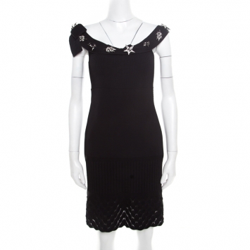 Pre Owned Chanel Black Textured Knit Brooch Embellished Neckline Detail Sleeveless Dress M