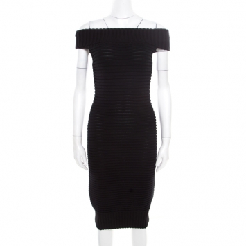Pre Owned Chanel Black Chunky Rib Knit Off Shoulder Bodycon Dress M