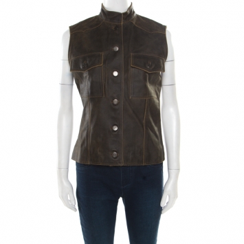 Pre Owned Chanel Vintage Dark Brown Calfskin Leather Button Front Vest M