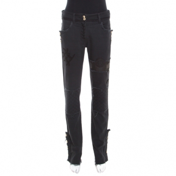 Pre Owned Chanel Black Leather Patch Detail Distressed Raw Edged Denim Jeans M