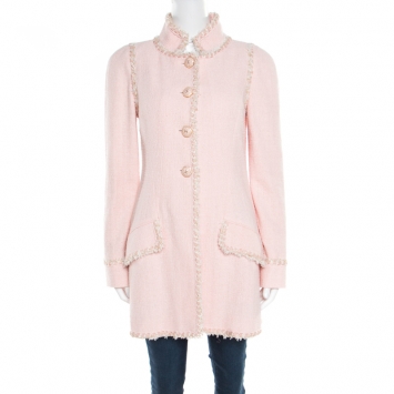 Pre Owned Chanel Baby Pink Cotton Lurex Insert Tweed Button Front Long Coat M