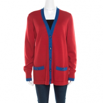 Pre Owned Chanel Red and Blue Contrast Trim Cashmere Button Front Cardigan L