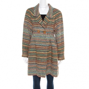 Pre Owned Chanel Multicolor Silk Blend Tweed Double Breasted Long Coat M