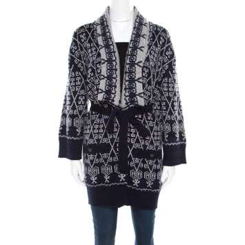 Pre Owned Chanel Navy Blue and White Patterned Knit Cashmere Belted Cardigan M