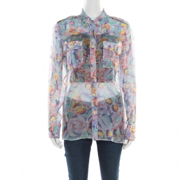 Pre Owned Chanel Multicolor Seafoam Logo Print Sheer Silk Chiffon Blouse L