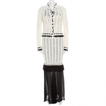 Pre Owned Chanel Monochrome Knit Crochet Blazer Top and Maxi Skirt Set S