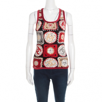 Pre Owned Chanel Red Printed Velvet Racerback Top S