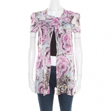 Pre Owned Chanel Multicolor Floral Printed Cotton Neck Tie Detail Open Front Blouse S