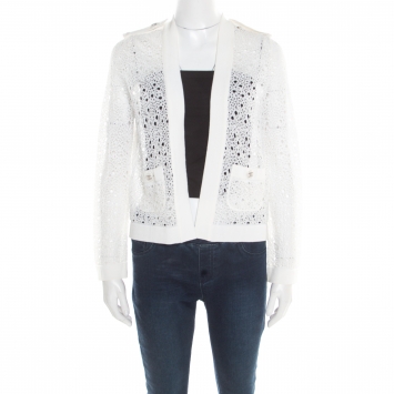 Pre Owned Chanel Off White Perforated Crochet Knit Button Front Cardigan S