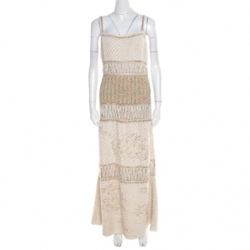 Pre Owned Chanel Cream Chunky Textured Distressed Knit Sleeveless Maxi Dress L