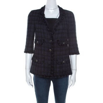 Pre Owned Chanel Navy Blue Tweed Contrast Boucle Trim Classic Blazer M