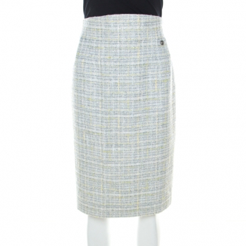 Pre Owned Chanel Pastel Green Lesage Tweed Pencil Skirt L 