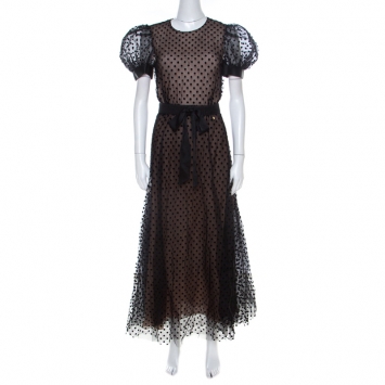 Pre Owned Chanel Black Polka Dot Mesh Overlay Belted Midi Dress M