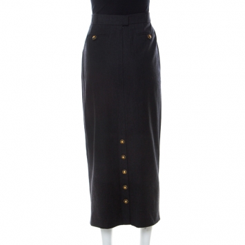 Pre Owned Chanel Vintage Charcoal Grey Wool Maxi Skirt L