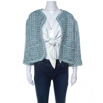 مملوكة مسبقًا Chanel Green & Iridescent Tweed Inner Lambskin Front Tie Waistcoat Jacket M