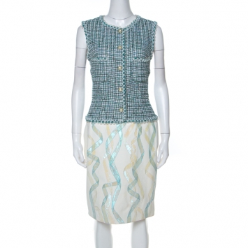 Pre Owned Chanel Green & White Tweed and Lambskin Iridescent Detail Dress M
