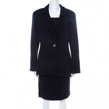 Pre Owned Chanel Boutique Vintage Navy Blue Boucle Wool Skirt Suit L 