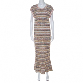 Pre Owned Chanel Multicolor Striped Knit Flared Maxi Dress M 