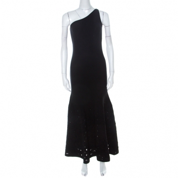 Pre Owned Chanel Black Jersey One Shoulder Open Knit Flounce Hem Detail Dress M