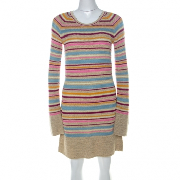 Pre Owned Chanel Multicolor Lurex Striped Knit Long Sleeve Dress M
