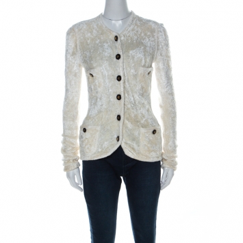 مملوكة مسبقًا Chanel Off White Velvet Feel Button Detail Cardigan M