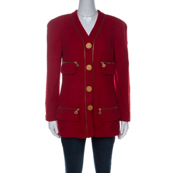 Pre Owned Chanel Red Wool Zipper Detail Vintage Blazer M