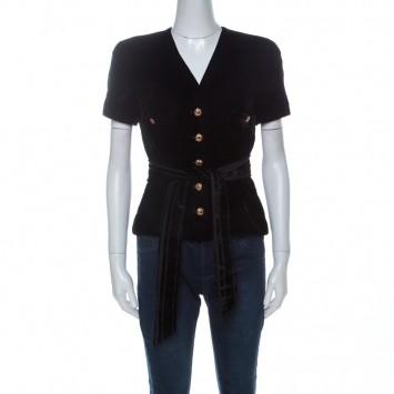 Pre Owned Chanel Black Velvet Stone Button Embellished Short Sleeve Belted Vintage Top M  