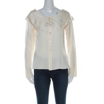 Pre Owned Chanel  Off White Silk Wide Bertha Collar Long Sleeve Top M