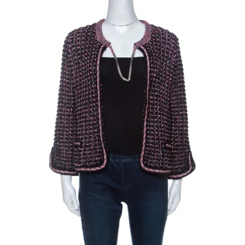 Pre Owned Chanel Black & Pink Tweed Neck Chain Detail Jacket L