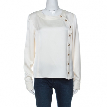 Pre Owned Chanel Cream Silk Gold Button Detail Blouse L