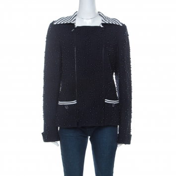 Pre Owned  Chanel Navy Blue Tweed Bead Detail Zip Up Jacket L