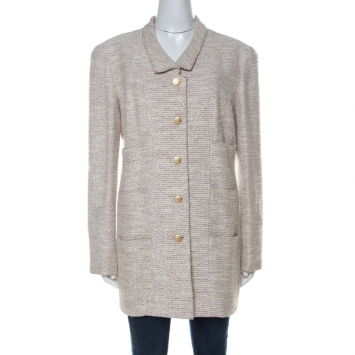 Pre Owned Chanel Beige Tweed Button Front Jacket  L
