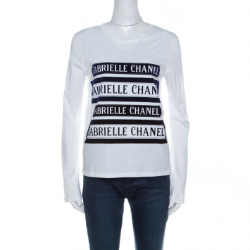 Pre Owned Chanel White Cotton Long Sleeve Velvet Detail Gabrielle T Shirt S