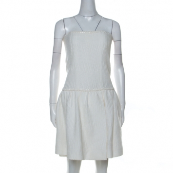 Pre Owned Chanel White Crochet Knit Cotton Blend Strapless Short Dress M