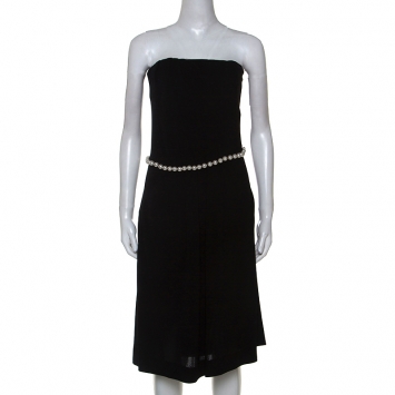 Pre Owned Chanel Black Stretch Crepe Pearl belted Strapless Dress M