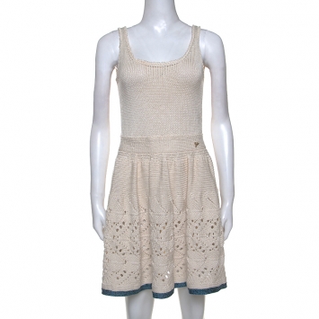Pre Owned Chanel Cream Silk Blend Crochet Knit Sleeveless Dress M
