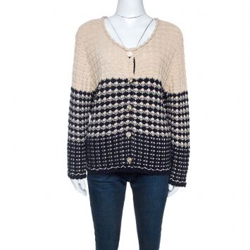 Pre Owned Chanel Navy Blue And Beige Knit Cardigan XL