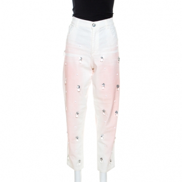 Pre Owned Chanel White Dye Effect Denim Embellished Detail Jeans M