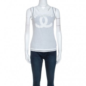Pre Owned Chanel White Logo Print Cotton Tank Top L