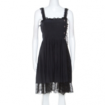 Pre Owned Chanel Black Silk Lace Trim Detail Pleated Dress M