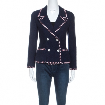 Pre Owned Chanel Navy Blue Wool Ribbon Trim Boucle Jacket S