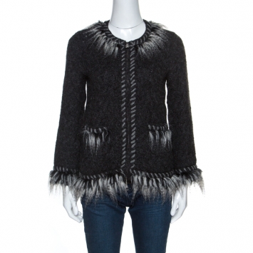 Pre Owned Chanel Grey Perforated Wool Faux Fur Trimmed Zip Front Jacket M