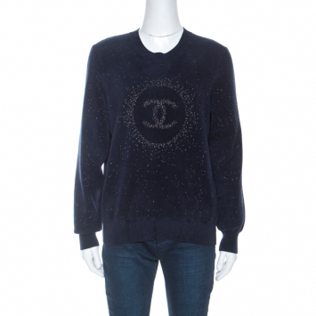 Pre Owned Chanel Navy Blue Logo Pattern Jacquard Detail Sweater M